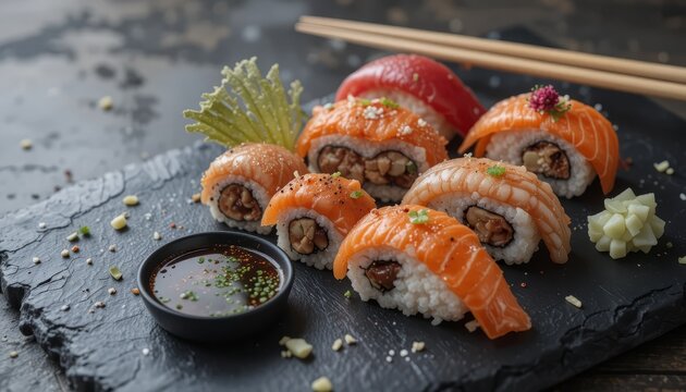 On a black slate, a traditional Japanese sushi assortment featuring chopsticks, soy sauce, and wasabi