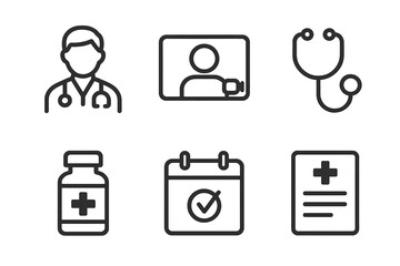 Health care icons illustrating telemedicine, prescriptions, and patient care in a modern setting