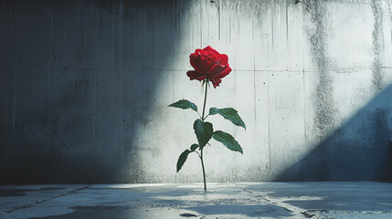 A single red rose stands tall against a textured wall, its vibrant color a stark contrast to the somber, reflective below.
