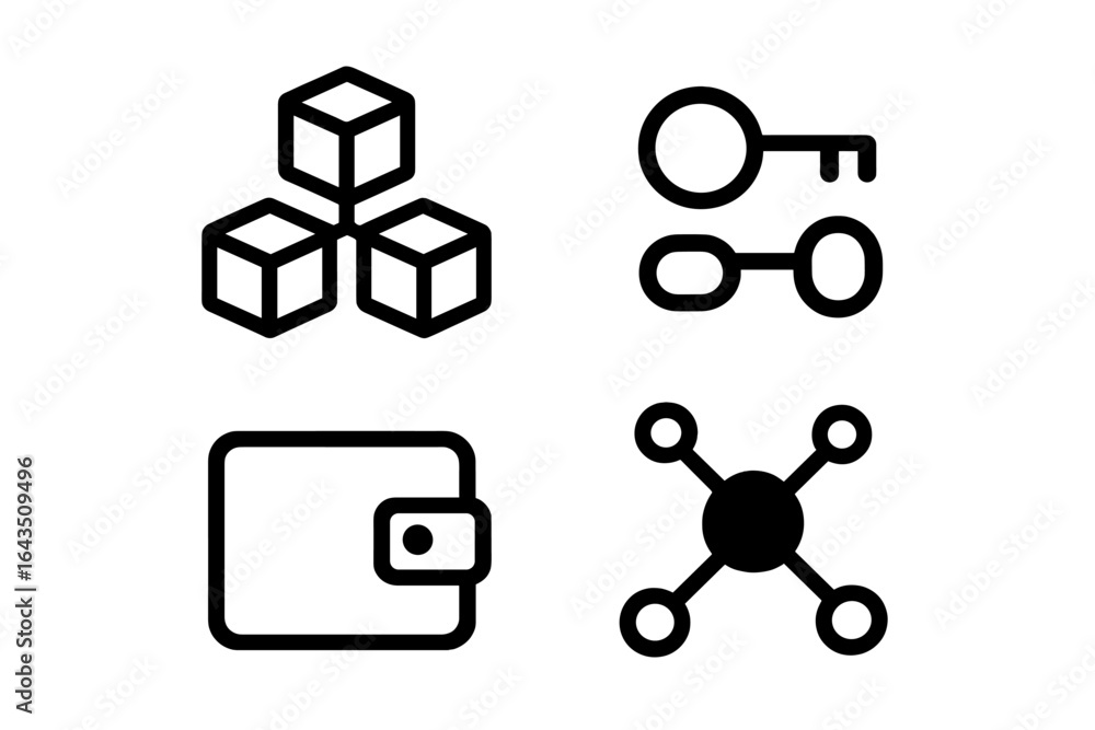 Poster digital symbols representing blockchain technology, security keys, and cryptocurrency wallet concept