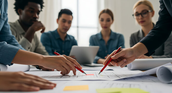 Hands of a team pointing to a blueprint during a business discussion.