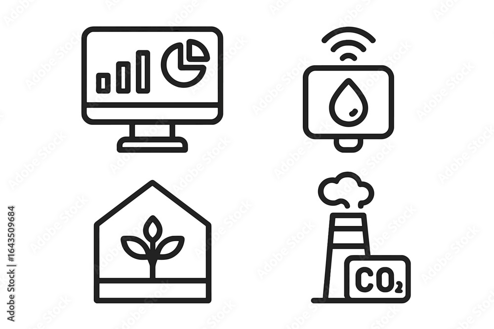 Poster multiple icons representing environmental monitoring, data analysis, and pollution control in an urb