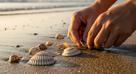 Collecting memories: Gentle hands arranging seashells on a tranquil shoreline at sunset