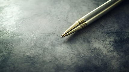 A sleek, metallic pen rests elegantly on a textured , suggesting creativity, writing, and the power of the written in a modern context.