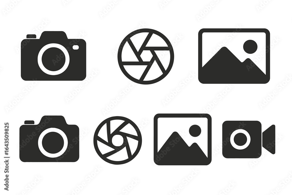 Poster vector icons representing photography and videography concepts with various camera designs and symbo