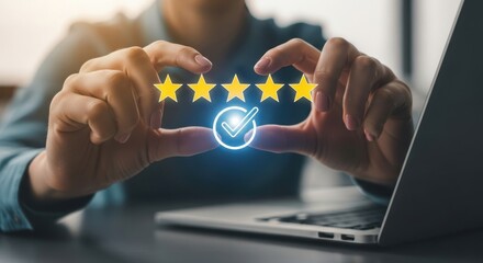Customer satisfaction with five star rating and positive review icon
