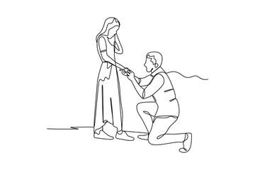 simple continuous line draw of a man proposes to his girlfriend. Engagement minimalist concept. Wedding activity. Simple line.