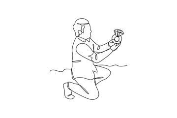 simple continuous line draw of pose of a man proposing to a woman. Engagement minimalist concept. Wedding activity. Simple line.