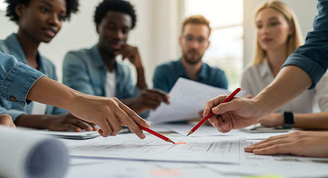 Colleagues collaborating and analyzing data during a corporate meeting.


