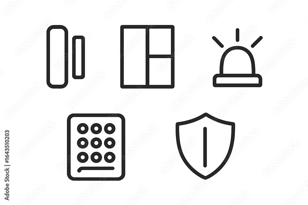 Poster security system components and features arranged on a clean surface for home safety solutions and mo