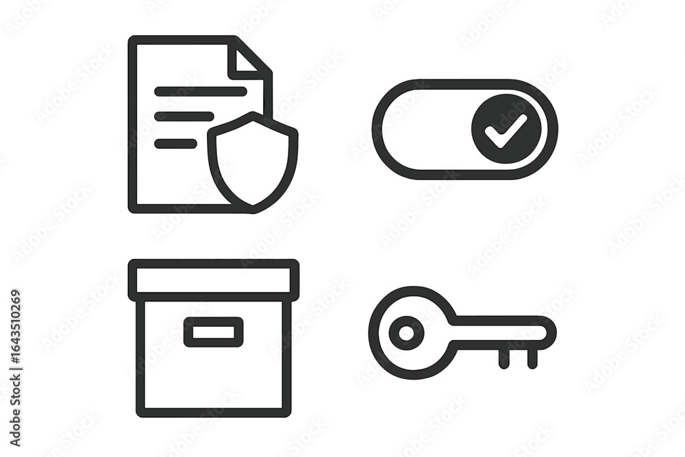 Poster various security and storage icons showcasing document protection, toggle verification, storage cont