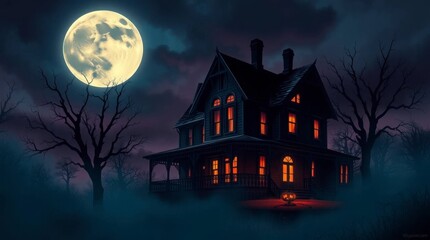 A spooky threestory house is silhouetted against a full moon with glowing windows and a lone pumpkin on the lawn