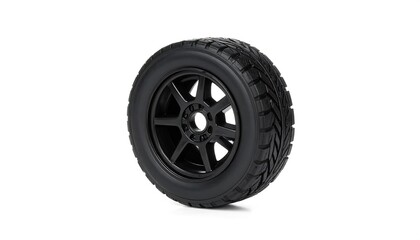 Sleek black car tire with modern rim design isolated on clean white backdrop