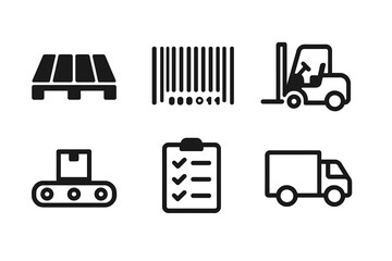 Fototapeta premium Warehouse logistics elements including pallets, forklifts, and barcodes for efficient operations
