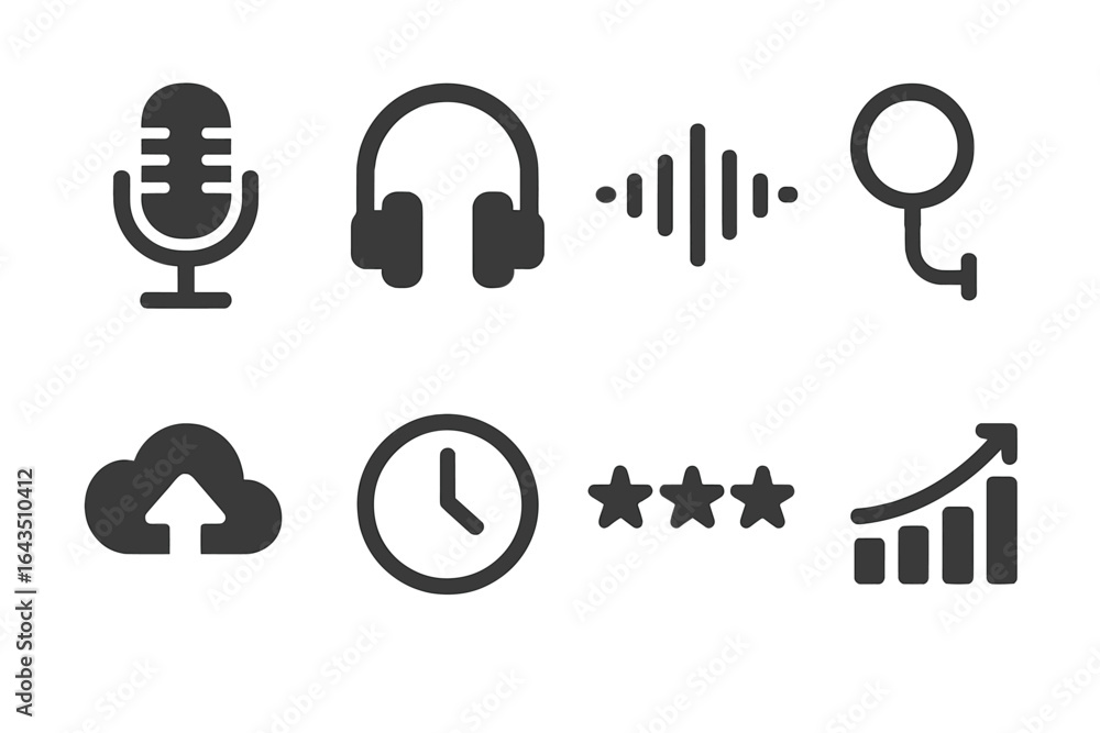 Poster various sound and audio symbols representing different aspects of music production and performance