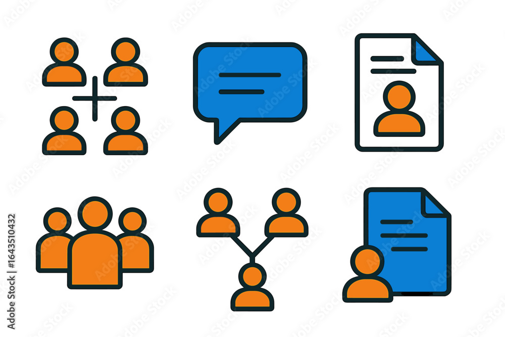 Poster icons representing teamwork, communication, and documentation in a simplified design suitable for di
