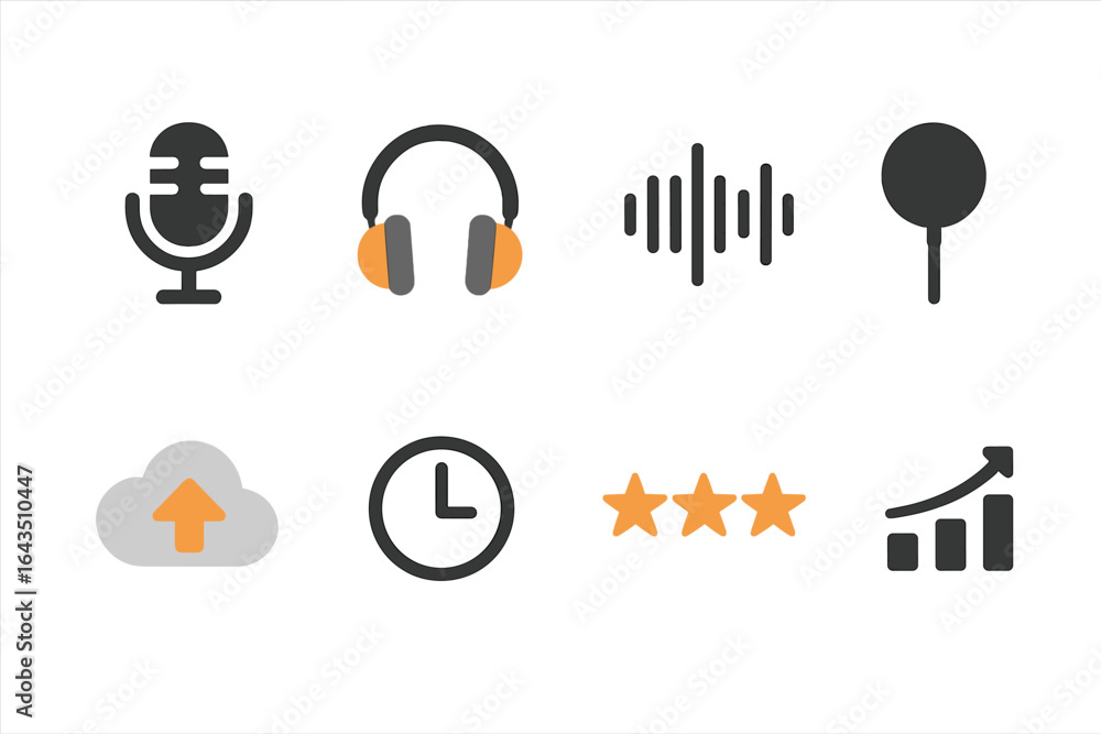Poster collection of audio and music-related icons depicting various sound and performance elements in a mo