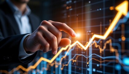 imagine Cinematic, dramatic lighting, focused hand touching glowing chart line, upward trend, financial growth concept, modern minimalist style, dark background, subtle grid lines