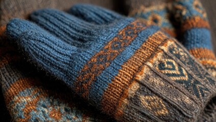 Warm woolen gloves, autumn colors, close-up, cozy sweater background, winter fashion