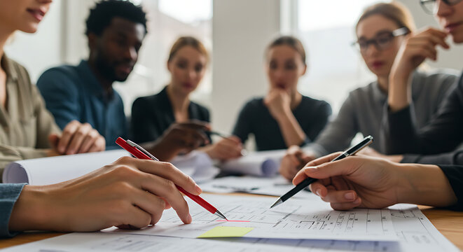 Team of business professionals working together on a project blueprint.

