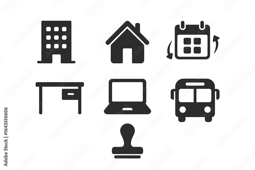 Poster collection of icons representing different elements of work and home environments in a modern design