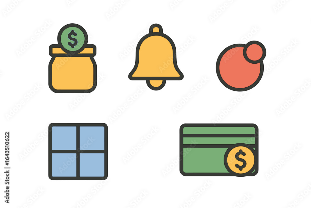 Poster colorful graphic icons representing finance, notifications, and transactions in a modern design suit