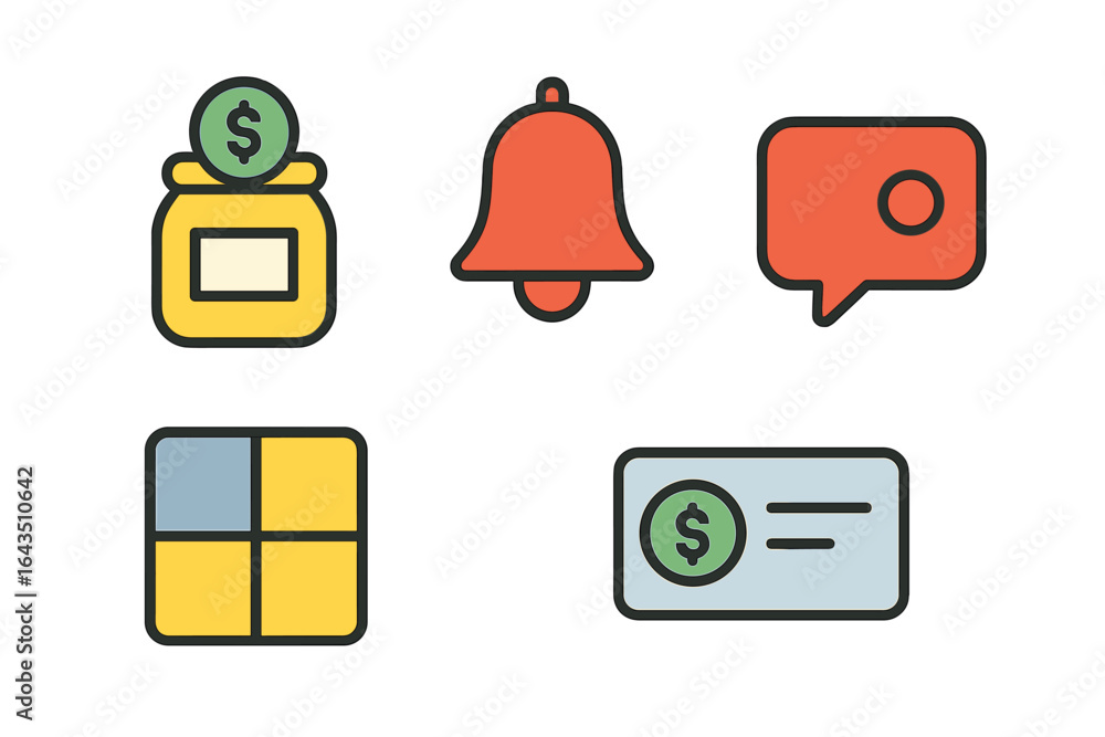 Poster visual representation of modern financial tools and concepts in a flat design style depicting variou