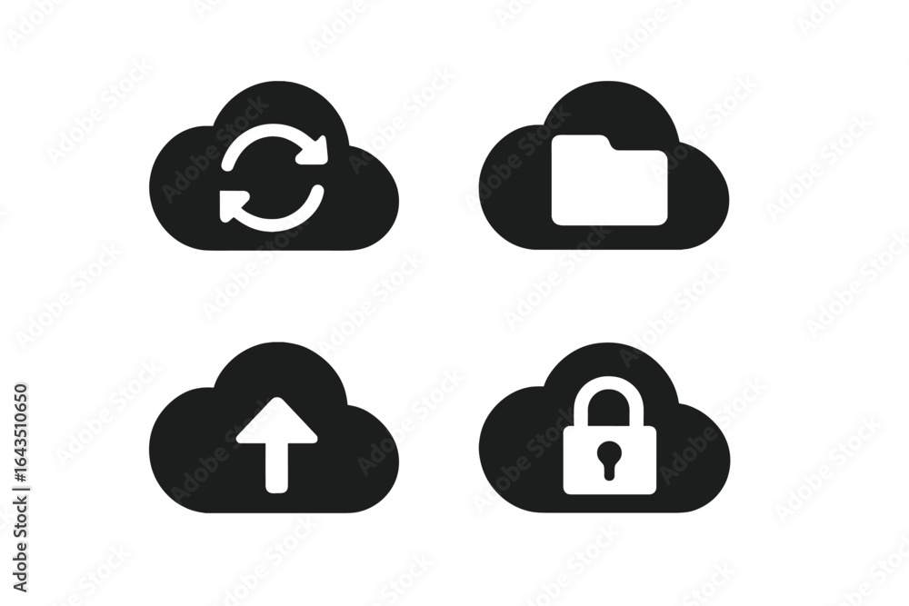 Poster cloud storage icons representing syncing, folder access, uploading, and security in a tech environme