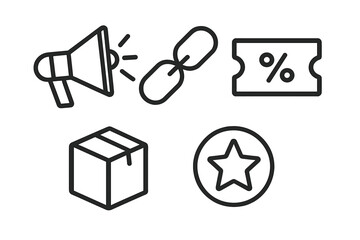 Marketing icons representing promotional strategies, online links, and discounts used in advertising campaigns