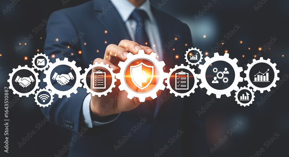 Aufkleber man in suit interacting with digital gears displaying business and security related graphics icons