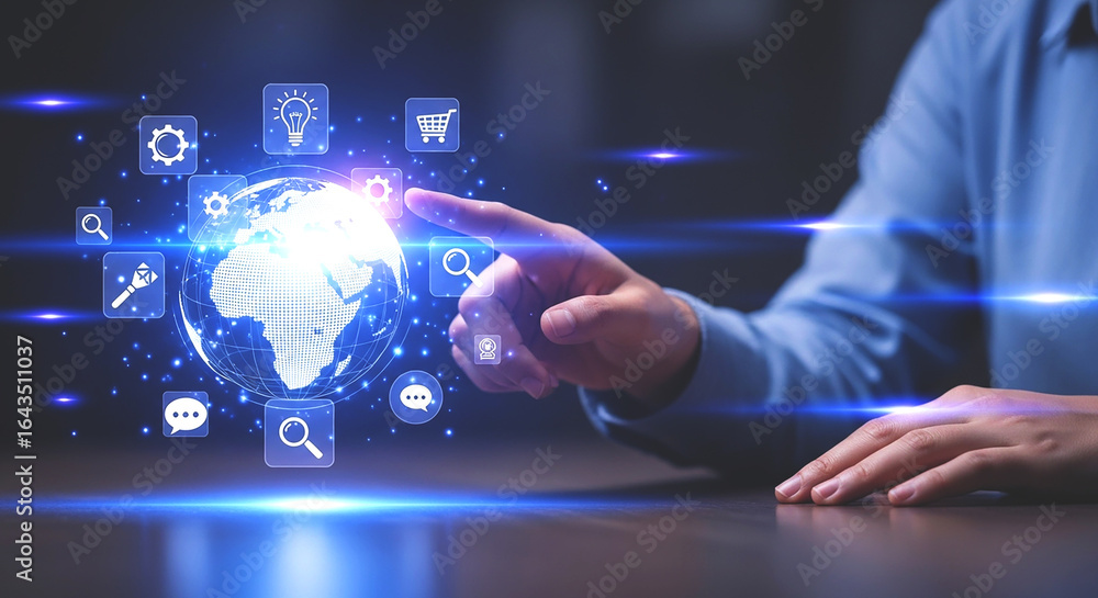 Poster person interacting with a digital globe surrounded by icons in a futuristic interface setting