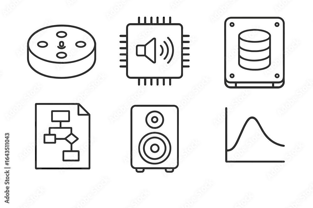 Poster various technology icons representing audio, data processing, and electronic components in a modern 