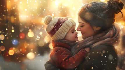 A loving mother embraces her young child in a warm hug amidst a gentle snowfall, creating a heartwarming moment of connection and joy during the winter season.