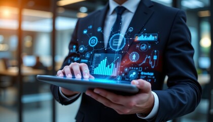 Fototapeta premium Close up, businessman holding tablet, holographic data icons, shimmering blue light emanating, dark suit, sharp focus, shallow depth of field, modern office background blurred