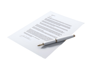White pen resting on a sheet of paper with text isolated on transparent background