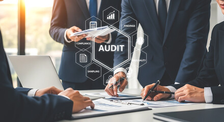 Business team reviewing audit documents with laptop and digital overlay in a bright office setting