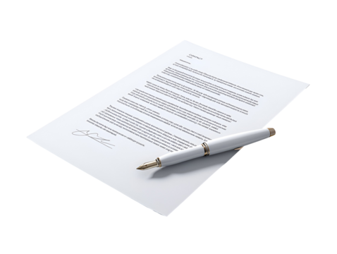 White pen resting on a sheet of paper with text isolated on transparent background