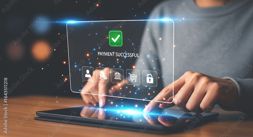 Fototapete person using a tablet with a payment successful screen and various icons displayed on a virtual scre
