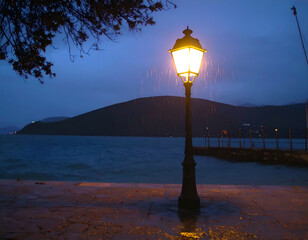 Vintage street lamp by the sea at dusk in rainy weather. Generative AI