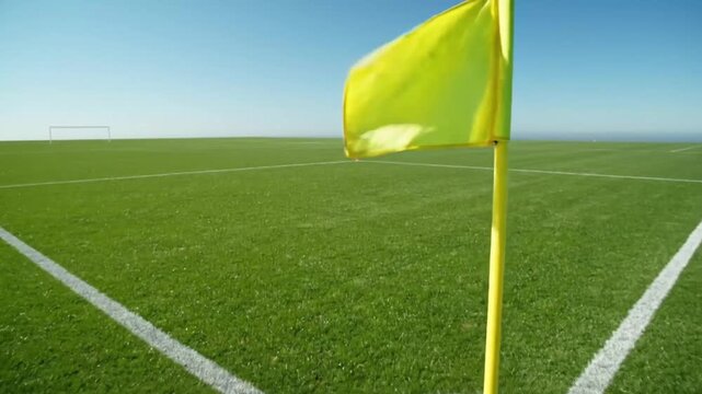 A vibrant yellow corner flag on a pristine green soccer pitch under a clear blue sky, marking the field boundary.
