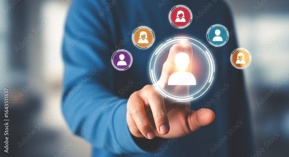 Poster person touching a digital interface with profile icons in a circle on a blurred background image vie