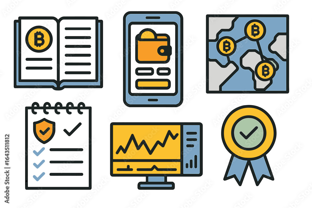 Poster visual representation of cryptocurrency concepts including wallets, trading, and transaction verific