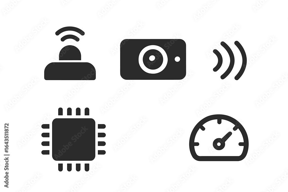 Poster digital icons showcasing technology elements like camera, sensor, processor, and speedometer in a mi
