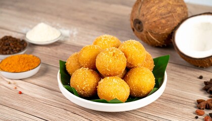 Delicious golden coconut balls on banana leaf, a tropical treat for your next party or celebration