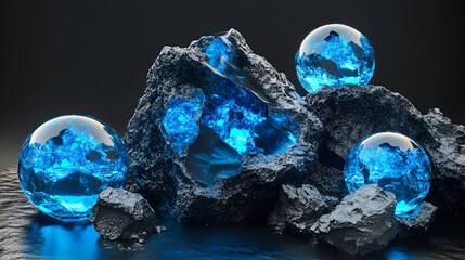 Luminous blue crystal spheres rest among jagged rocks, creating a captivating display of geological wonder and ethereal beauty.
