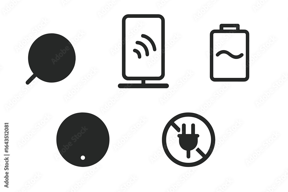 Poster various icons representing technology concepts and battery status in a minimalist design on a white 