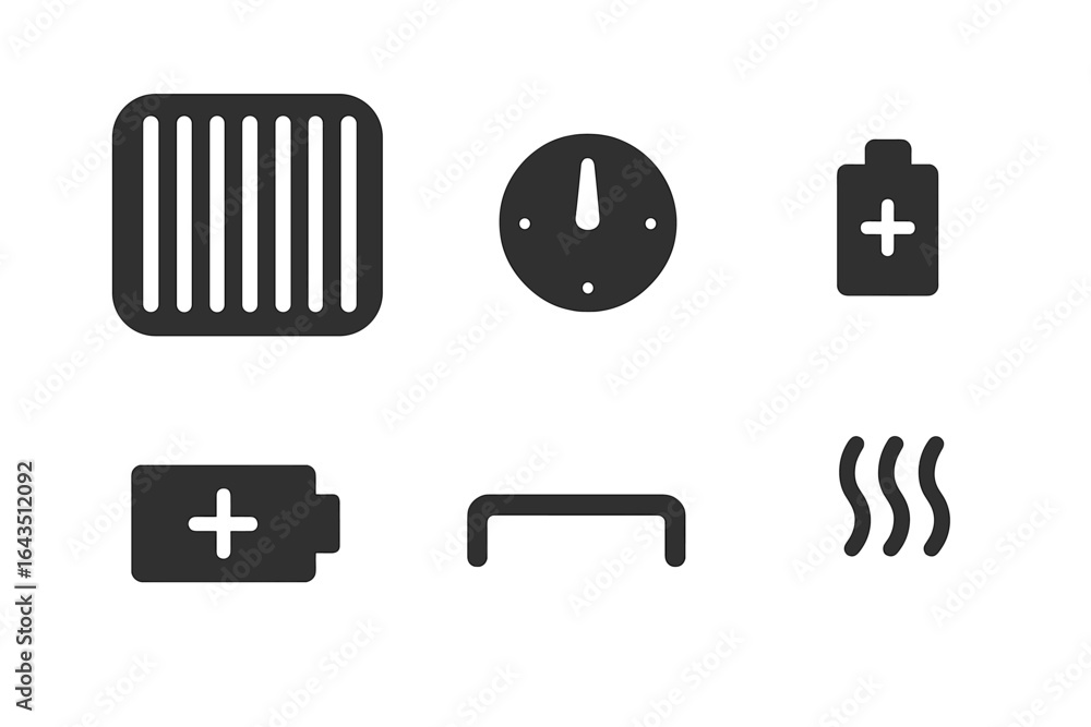 Poster battery indicators and heating elements displayed on a simple background in a flat design style