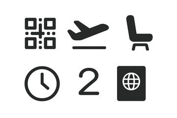 Flight preparation symbols with a boarding pass, clock, airplane, and seat icon indicating travel readiness