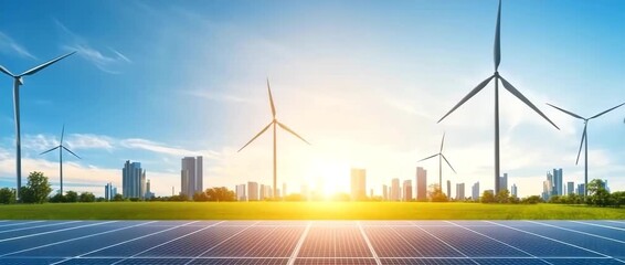 Renewable energy concept featuring solar panel and wind turbine farm under bright blue sky with city skyline at sunrise, creating hopeful sustainable green energy technology field sunlight - Powered by Adobe