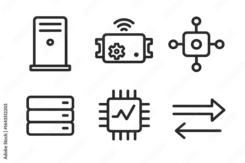 Poster variety of technology icons representing computing, networking, and data processing